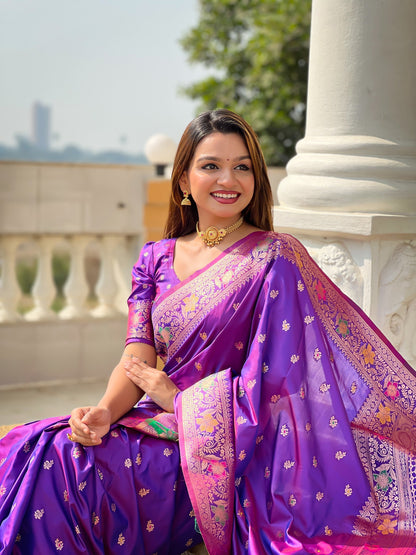 Vedant Vastram Soft Litchi Silk Banarasi Silk Jacquard Saree - Violet