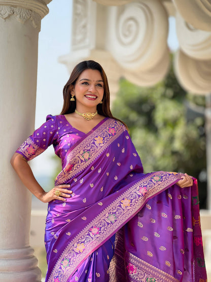 Vedant Vastram Soft Litchi Silk Banarasi Silk Jacquard Saree - Violet
