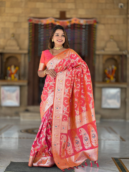 Vedant Vastram Soft Litchi Silk Banarasi Silk Jacquard Saree - Gajri