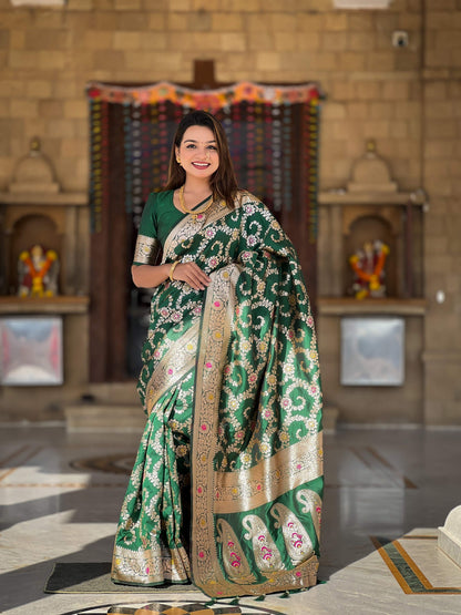 Vedant Vastram Soft Litchi Silk Banarasi Silk Jacquard Saree - Green