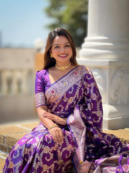 Vedant Vastram Soft Litchi Silk Banarasi Silk Jacquard Saree - Violet