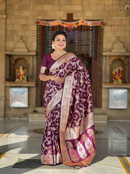 Vedant Vastram Soft Litchi Silk Banarasi Silk Jacquard Saree - Wine