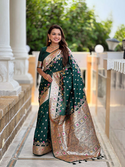 Vedant Vastram Soft Litchi Silk Banarasi Silk Jacquard Saree - Green