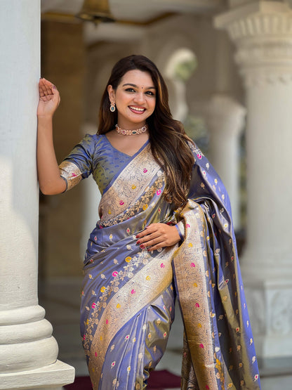 Vedant Vastram Soft Litchi Silk Banarasi Silk Jacquard Saree - Grey