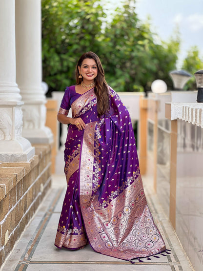 Vedant Vastram Soft Litchi Silk Banarasi Silk Jacquard Saree - Violet