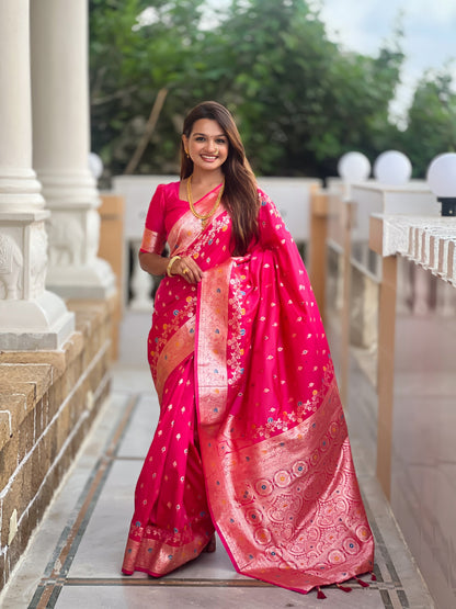 Vedant Vastram Soft Litchi Silk Banarasi Silk Jacquard Saree - Rani