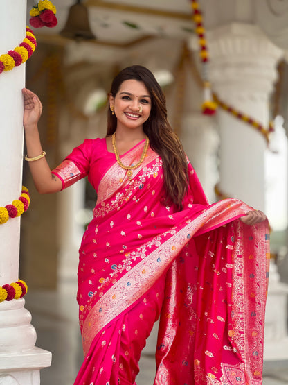 Vedant Vastram Soft Litchi Silk Banarasi Silk Jacquard Saree - Rani