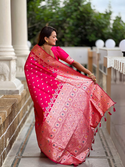 Vedant Vastram Soft Litchi Silk Banarasi Silk Jacquard Saree - Rani