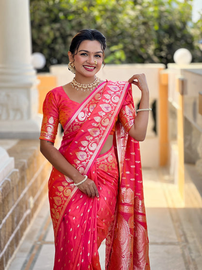 Vedant Vastram Soft Litchi Silk Banarasi Silk Jacquard Saree - Gajri