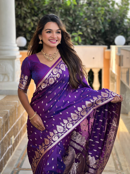 Vedant Vastram Soft Litchi Silk Banarasi Silk Jacquard Saree - Violet
