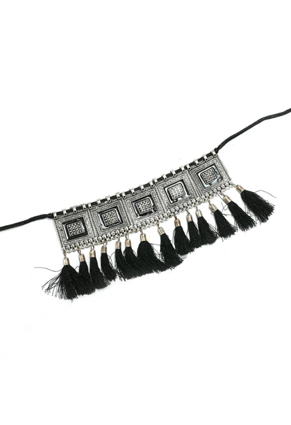 Mominos Fashion Johar Kamal Oxidised Silver-Plated Brass Finish Tassel Work Handicraft Choker For Women (Black)