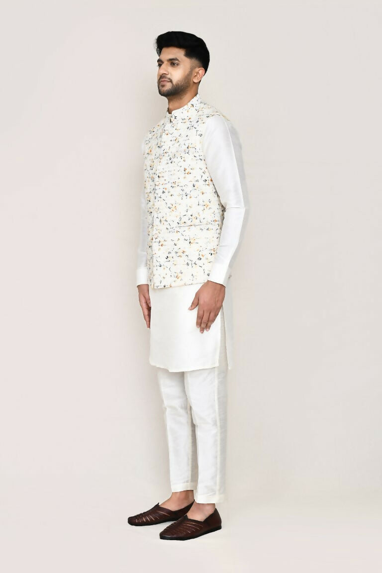 Joban Fashion White Colored Art Silk Fabric Kurta, Jacket With Straight Fit Pant