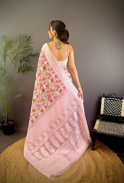 Joban Fashion Pastel Pink Floral Motifs Banarasi Silk Sarees
