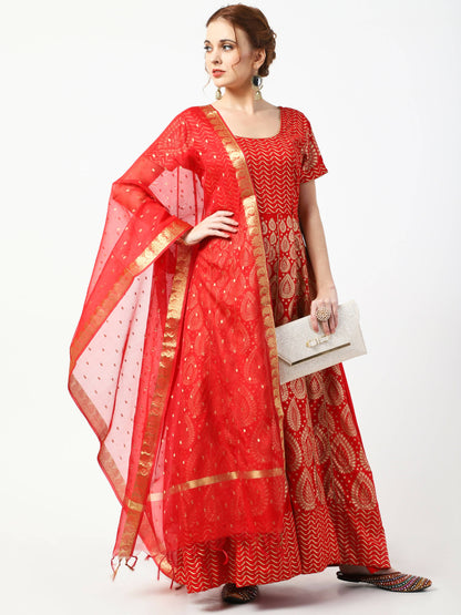 Cheera Women's Red Chanderi Silk & Rayon Hand Block Print Long Dress With Silk Dupatta Set