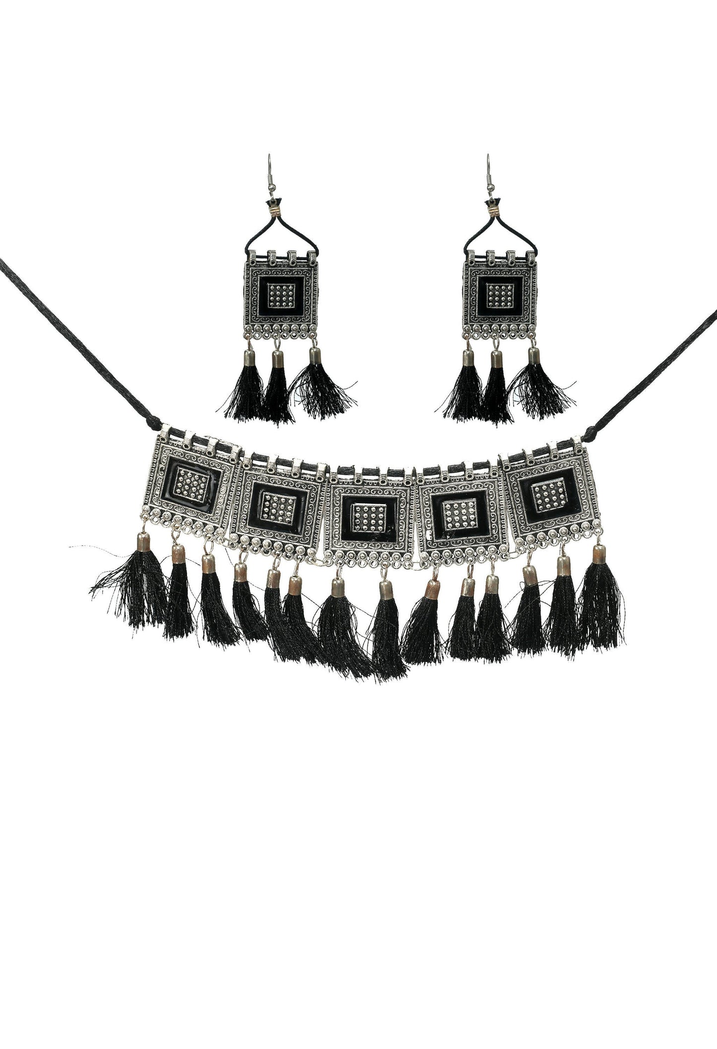 Mominos Fashion Johar Kamal Oxidised Silver-Plated Brass Finish Tassel Work Handicraft Choker For Women (Black)