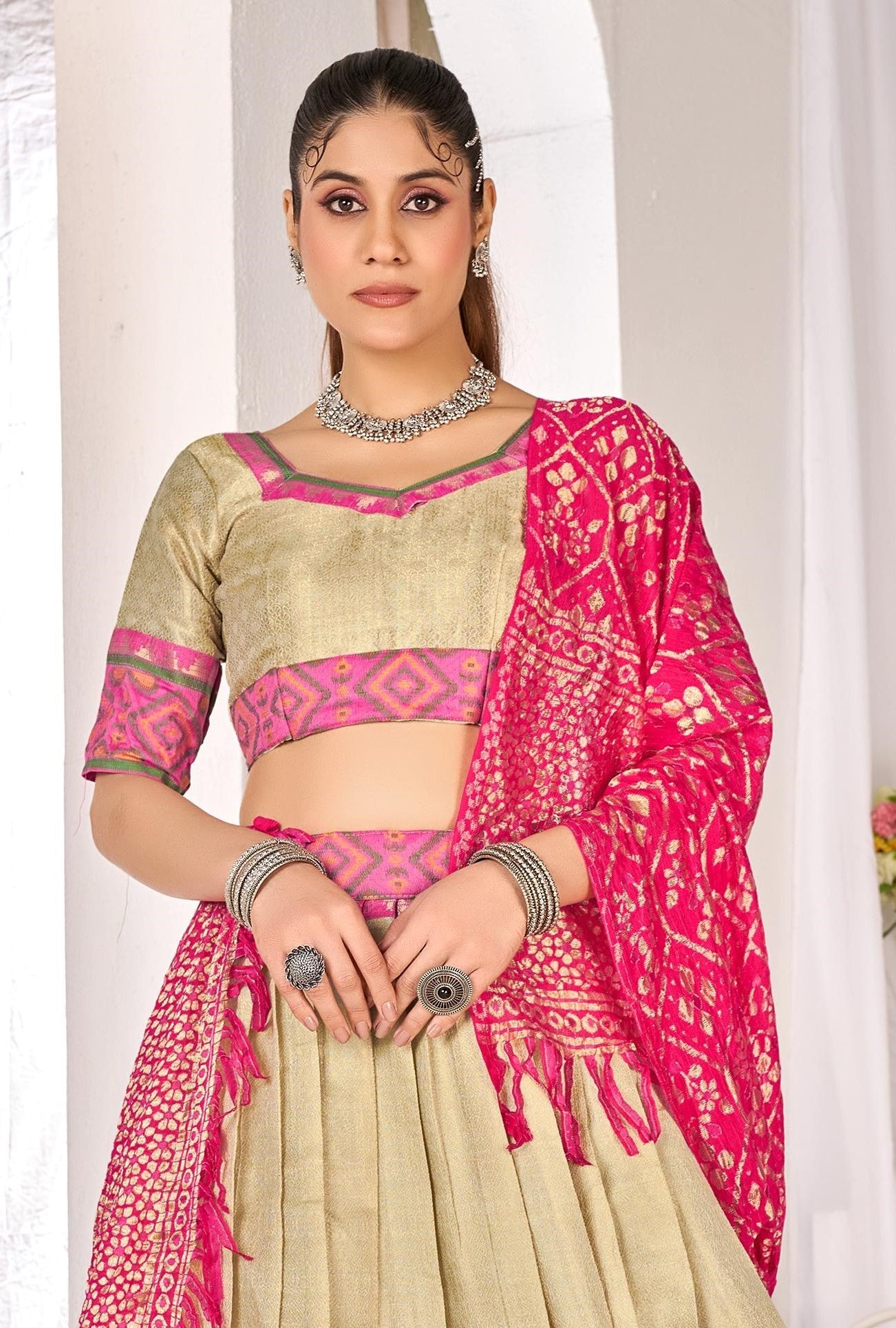 Anaita Beige Weaving Work Silk Lehenga Choli