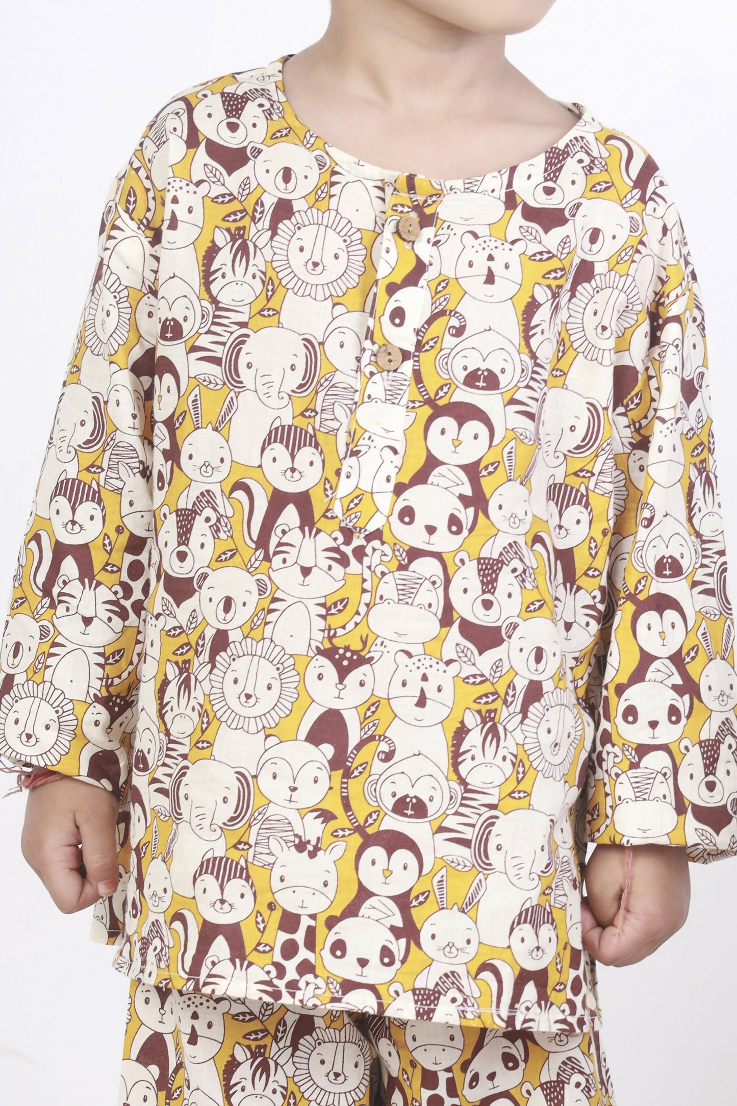 Breathables Sunny Yellow Animal Print Cotton Night Suit For Kids
