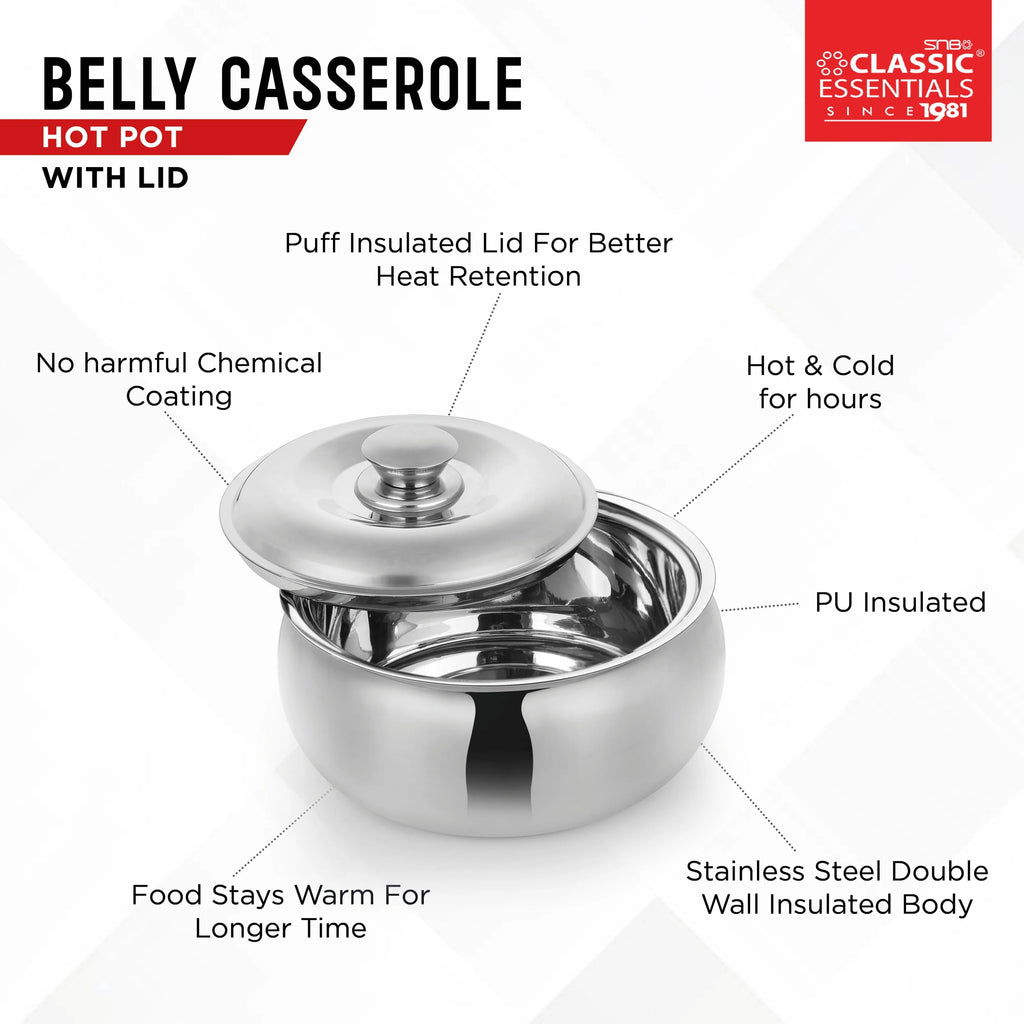 Classic Essentials Belly Stainless Steel Tripot Hot-Pot Thermoware Casserole 3000ml