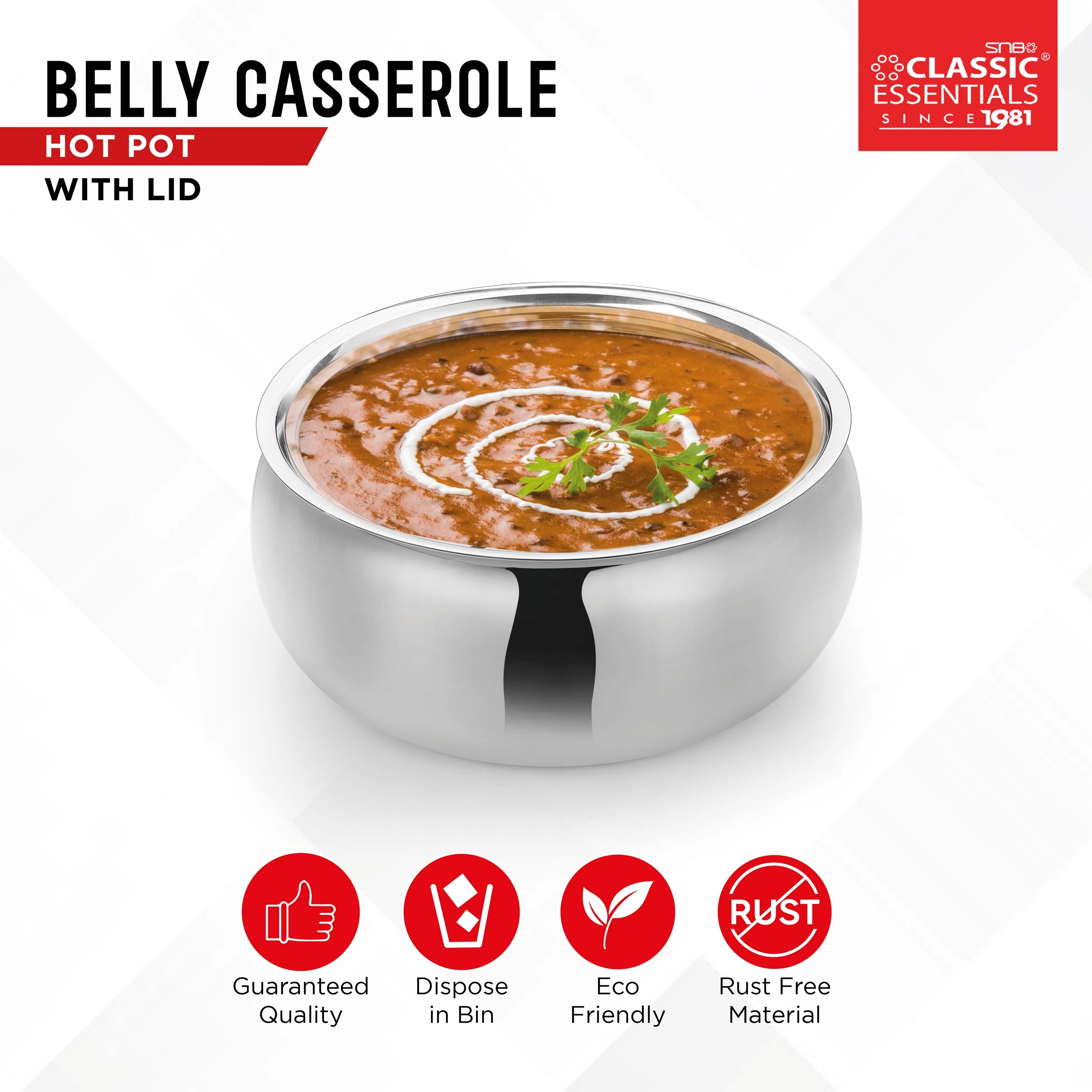 Classic Essentials Belly Stainless Steel Tripot Hot-Pot Thermoware Casserole 3000ml