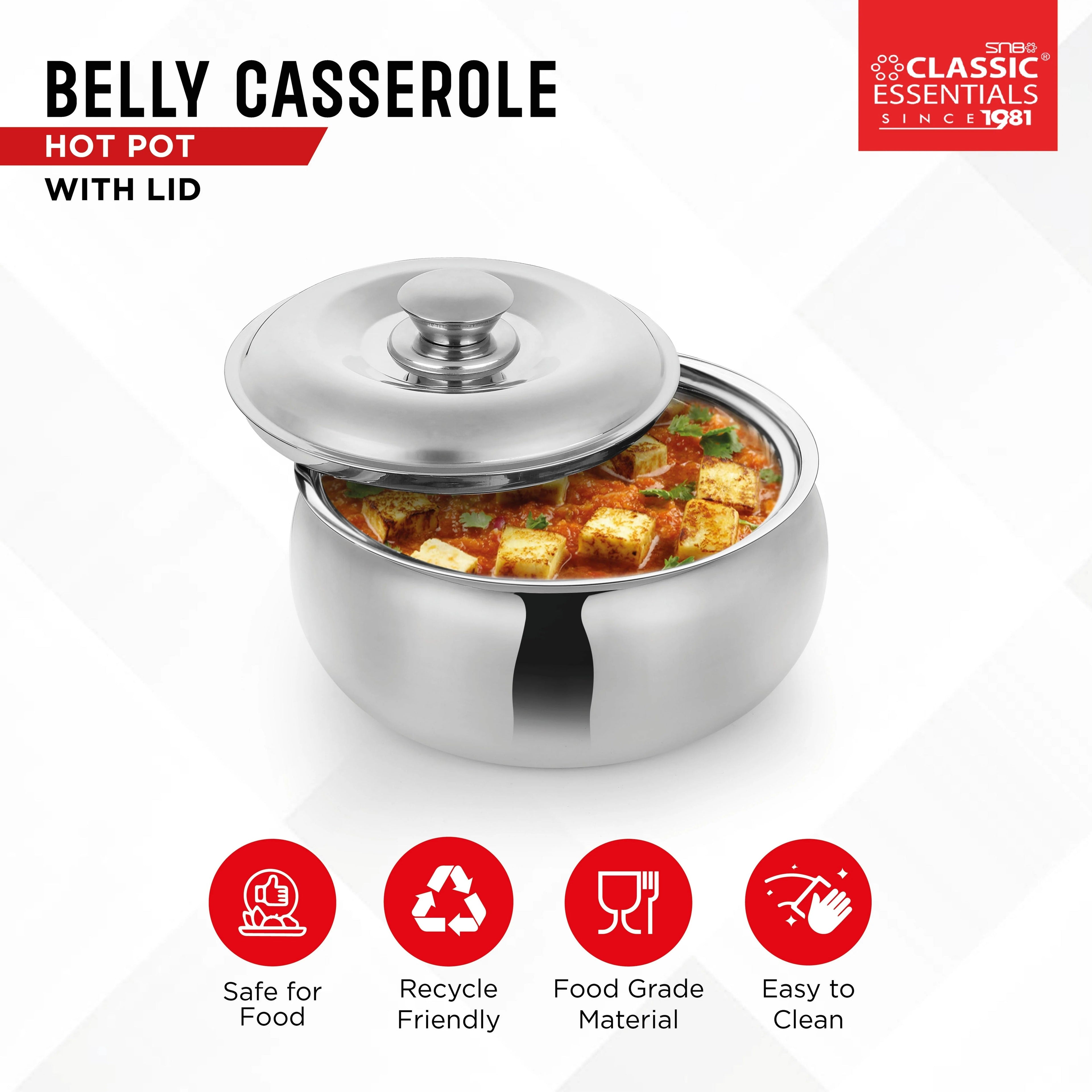 Classic Essentials Belly Stainless Steel Tripot Hot-Pot Thermoware Casserole 1500ml