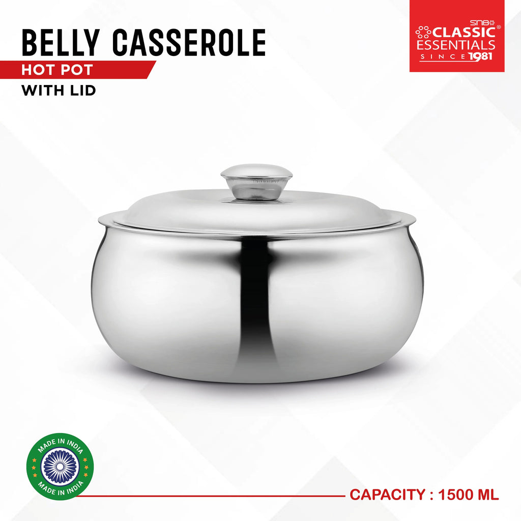 Classic Essentials Belly Stainless Steel Tripot Hot-Pot Thermoware Casserole 1500ml