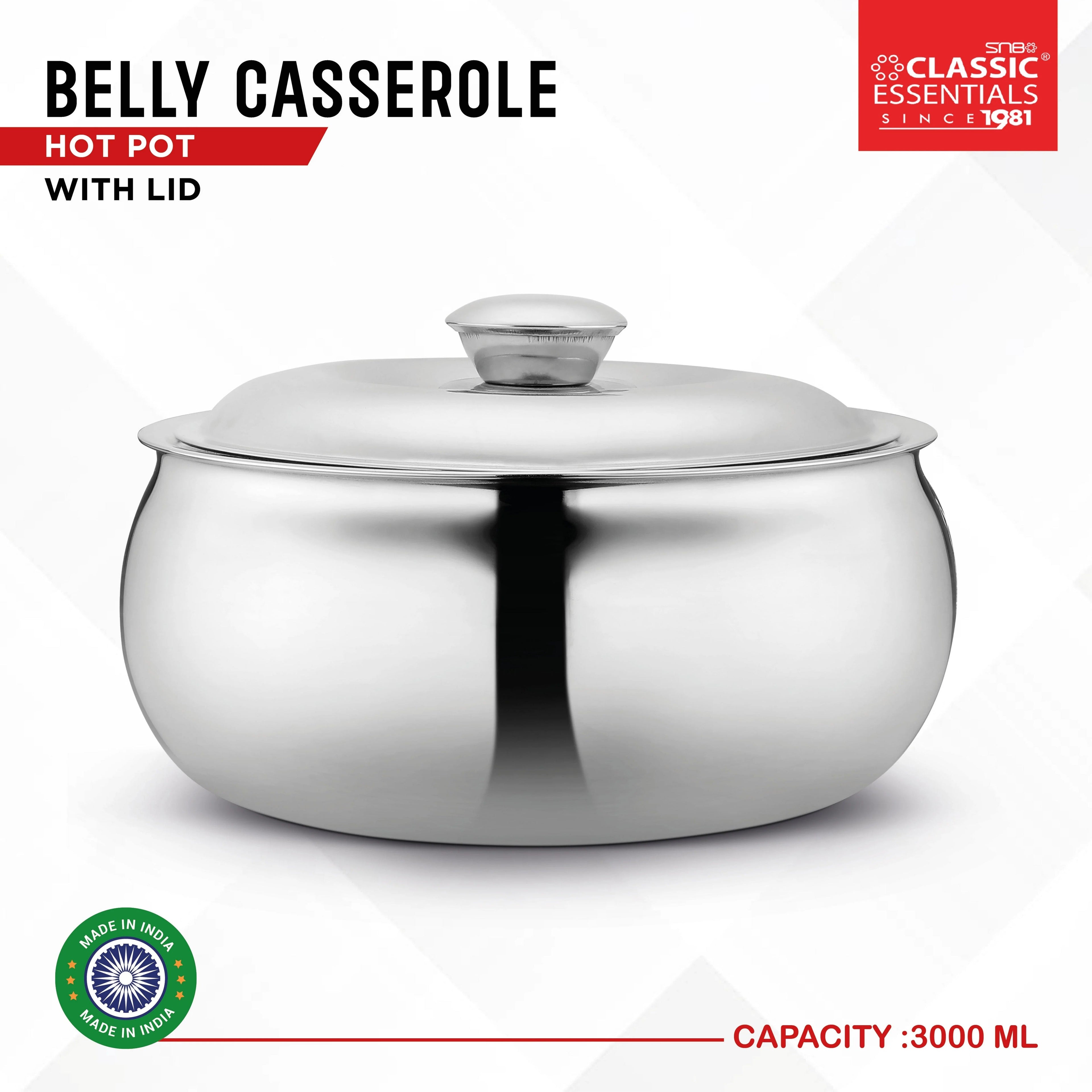 Classic Essentials Belly Stainless Steel Tripot Hot-Pot Thermoware Casserole 3000ml