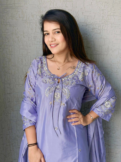 Anaita Lavender Crape Readymade Kurti Set with Beads Sequence Work