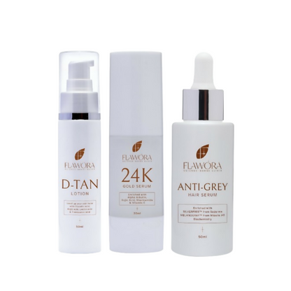 Flawora Set of Anti-Grey Hair Serum, D-Tan Lotion and Gold Face Serum