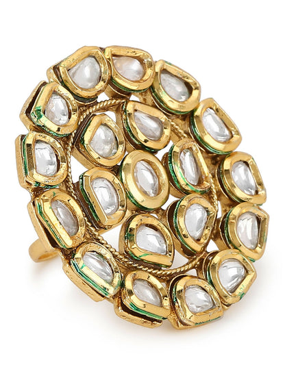 Gold-Polished White Kundan Studded Adjustable Finger Ring - Ruby Raang