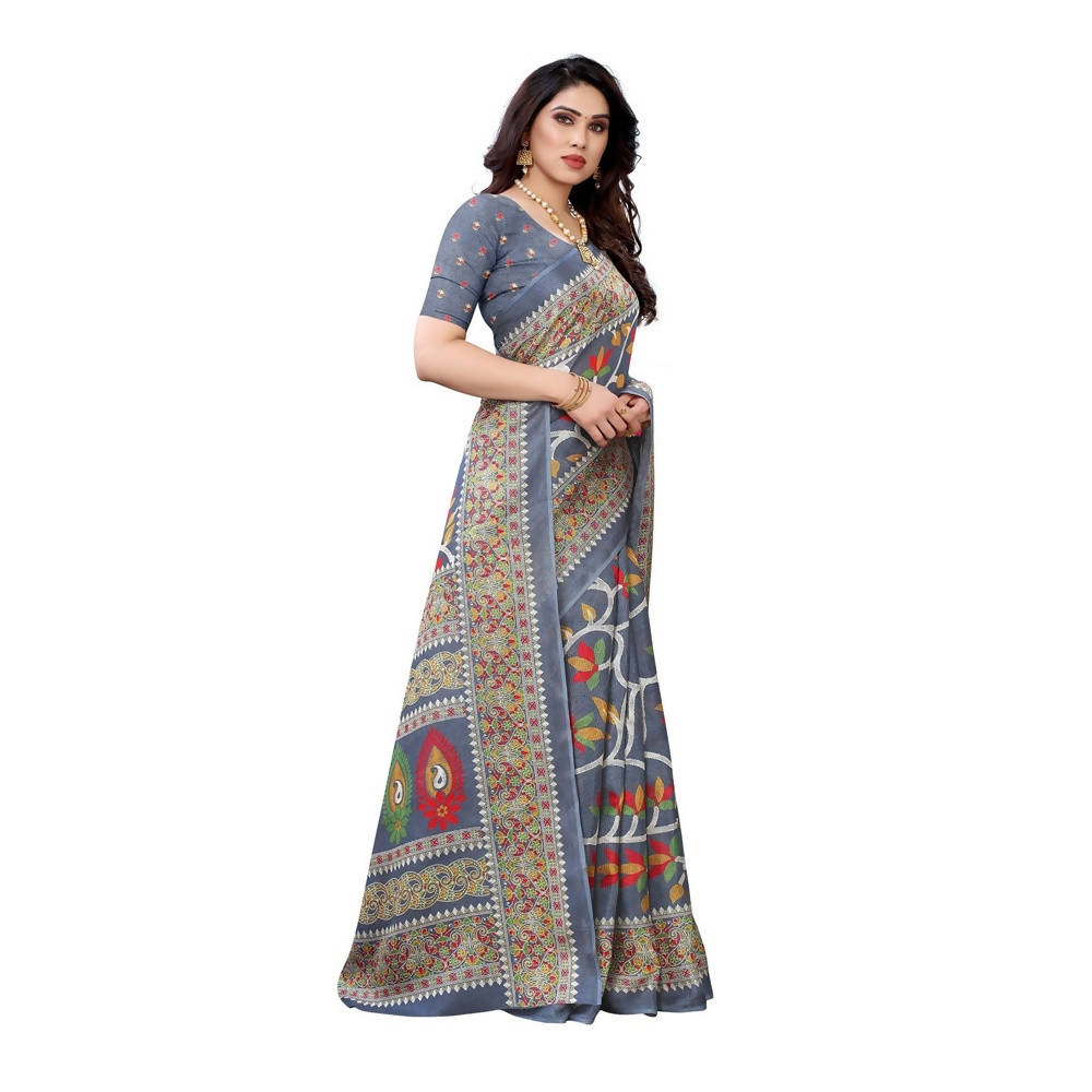 Vamika Printed Jute Silk Grey Saree (Rishika Grey)
