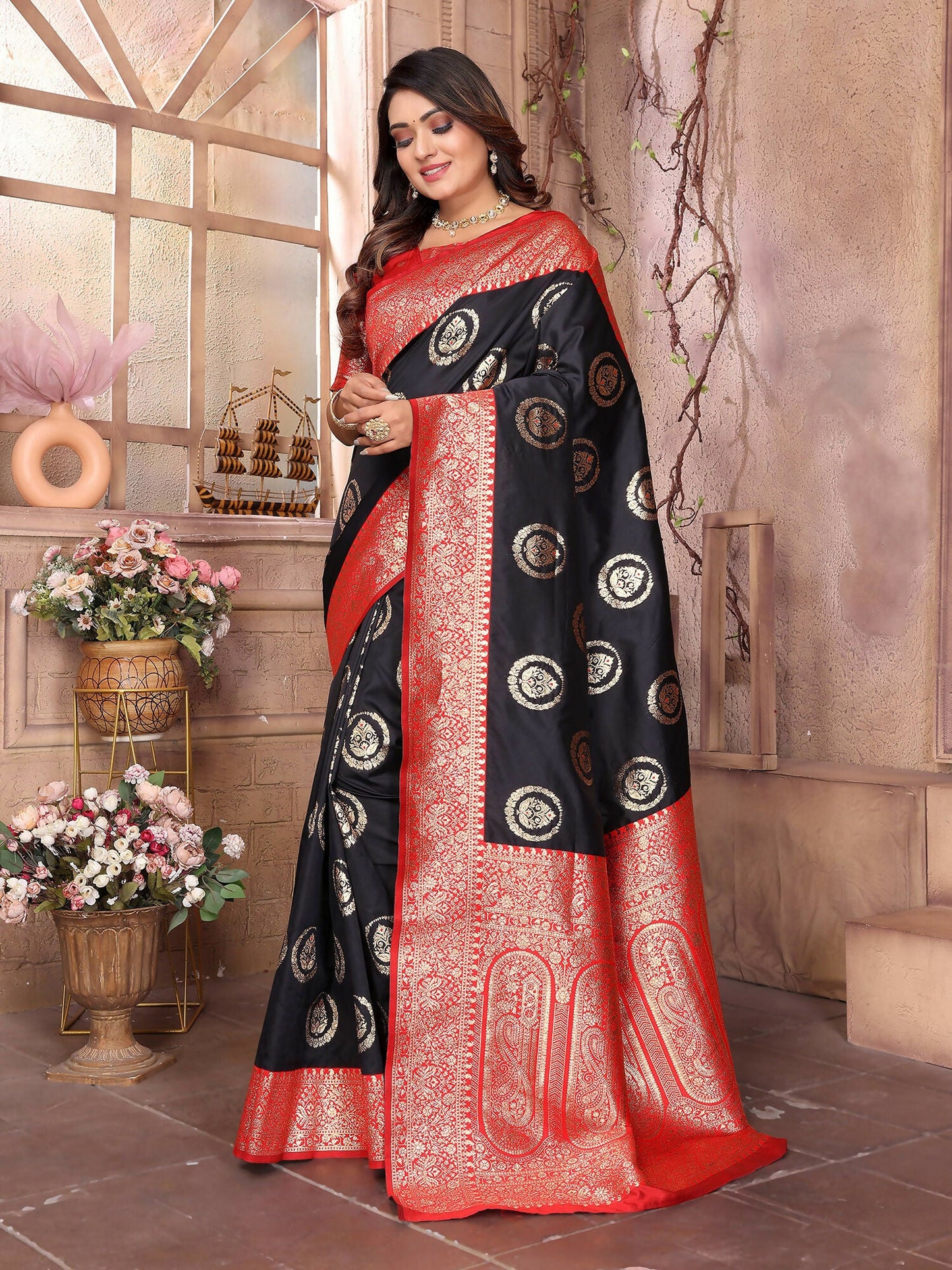 Joban Fashion Black Banarasi Soft Silk Woven Saree
