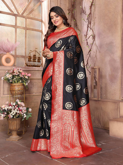 Joban Fashion Black Banarasi Soft Silk Woven Saree