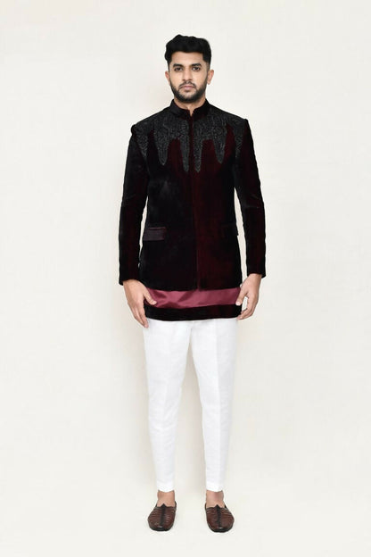 Joban Fashion Maroon Colored Satin Silk Fabric Open Prince Coat, Kurta With Straight Fit Pant