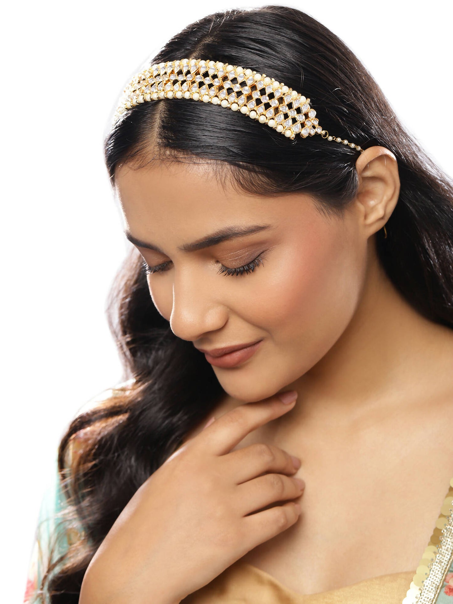 Gold-Polished White Kundan-Studded Pearl Beaded Hair Band - Ruby Raang
