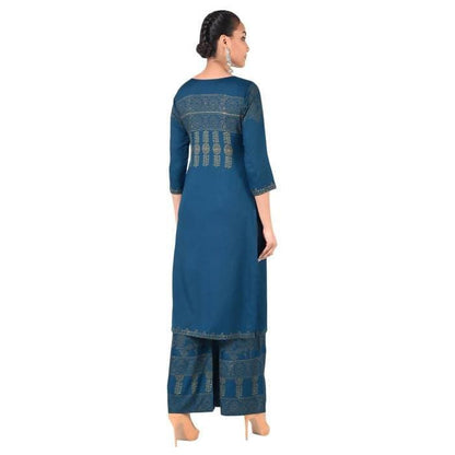 Aniyah Rayon Block Print Front Slit Straight Kurta In Blue Color (AN-167K)