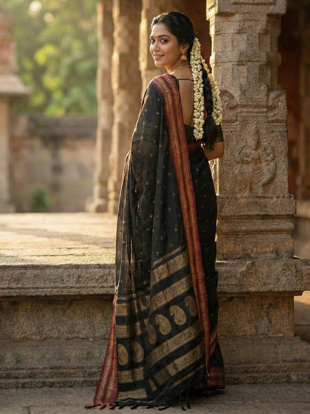 Anaita Black Silk Woven Saree With Blouse