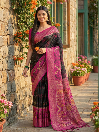 Anaita Black Pochampally Printed Saree With Blouse