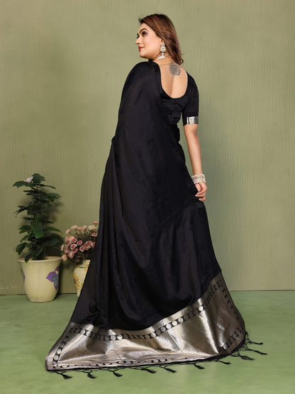 Anaita Black Zari Weaving Work Satin Silk Saree With Blouse