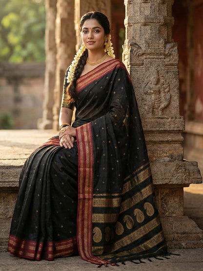 Anaita Black Silk Woven Saree With Blouse