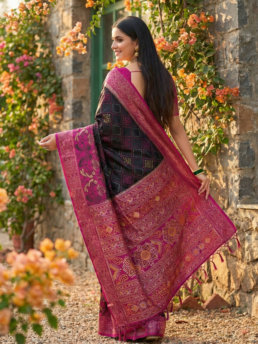 Anaita Black Pochampally Printed Saree With Blouse