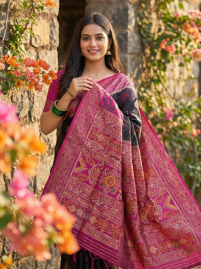 Anaita Black Pochampally Printed Saree With Blouse