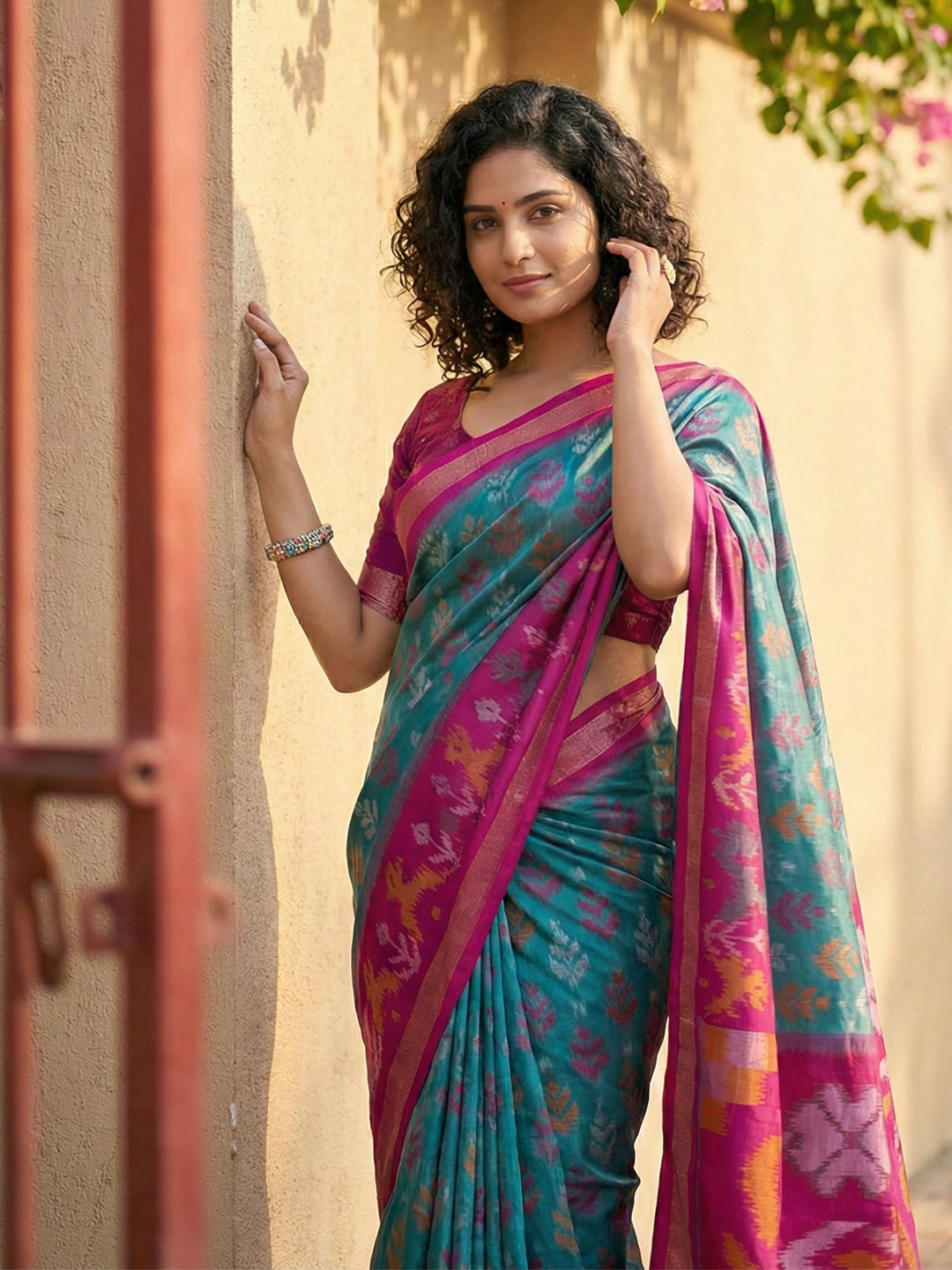 Anaita Blue Pochampally Printed Saree With Blouse