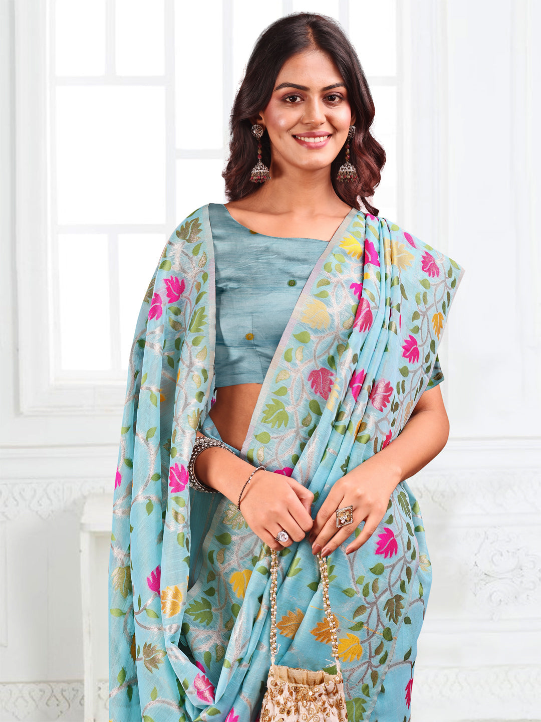 Anaita Blue Linen Printed Saree With Blouse