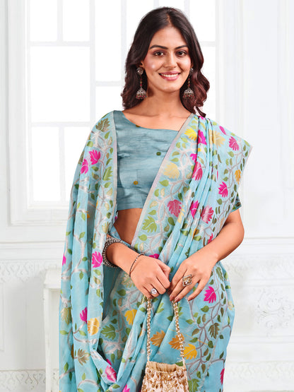 Anaita Blue Linen Printed Saree With Blouse