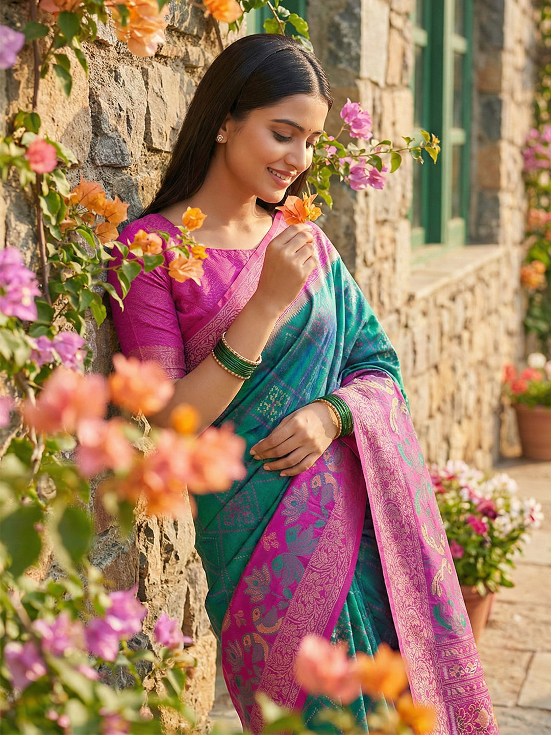 Anaita Blue Pochampally Printed Saree With Blouse