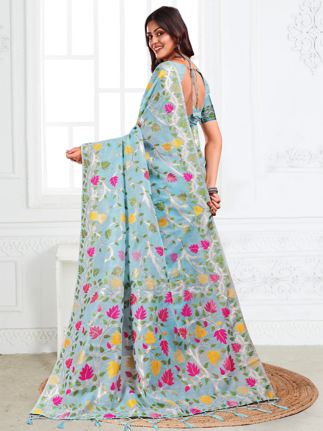 Anaita Blue Linen Printed Saree With Blouse
