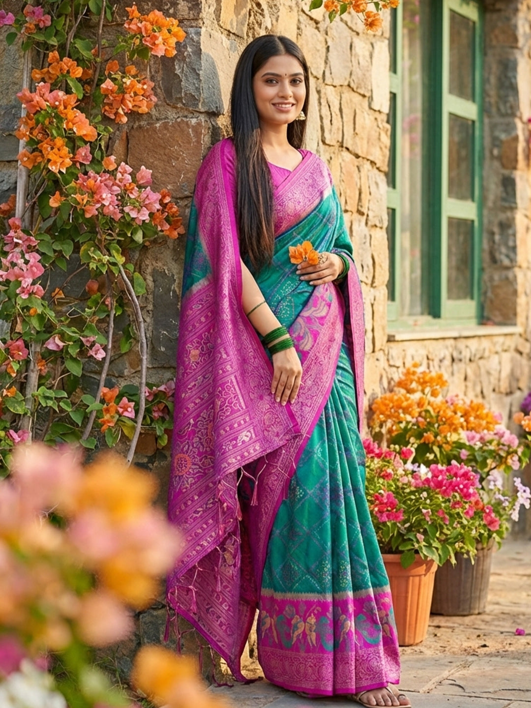 Anaita Blue Pochampally Printed Saree With Blouse