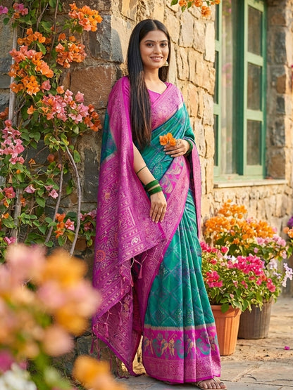 Anaita Blue Pochampally Printed Saree With Blouse