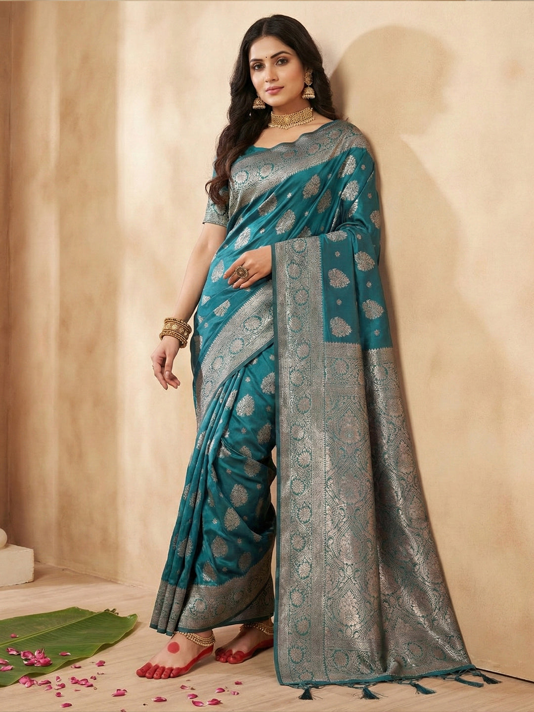 Anaita Blue Silk Blend Woven Saree With Blouse