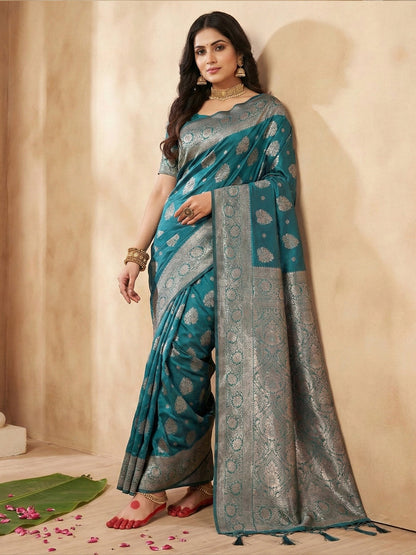 Anaita Blue Silk Blend Woven Saree With Blouse